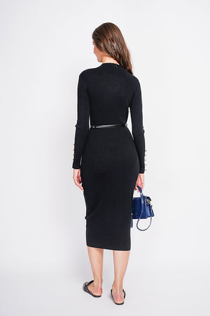 Ribbed high neck dress with buttoning on the long sleeves