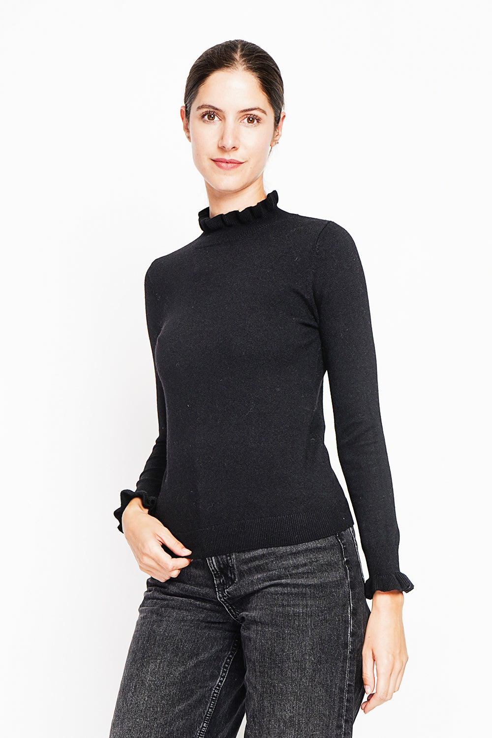 Ruffled high neck sweater with long ruffled sleeves