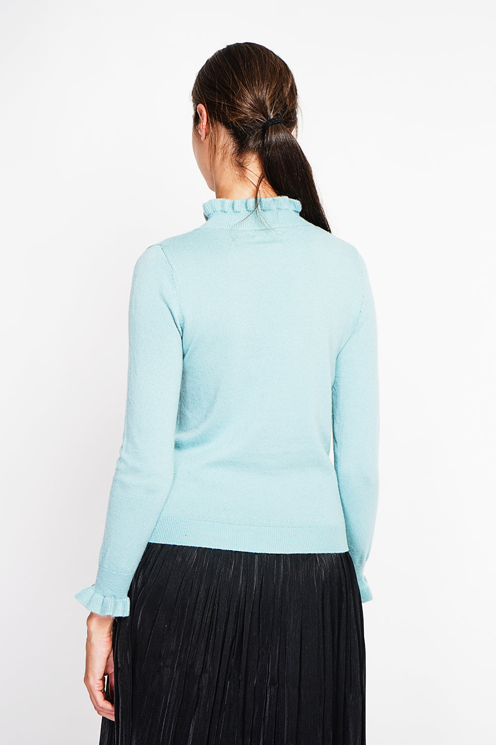 Ruffled high neck sweater with long ruffled sleeves