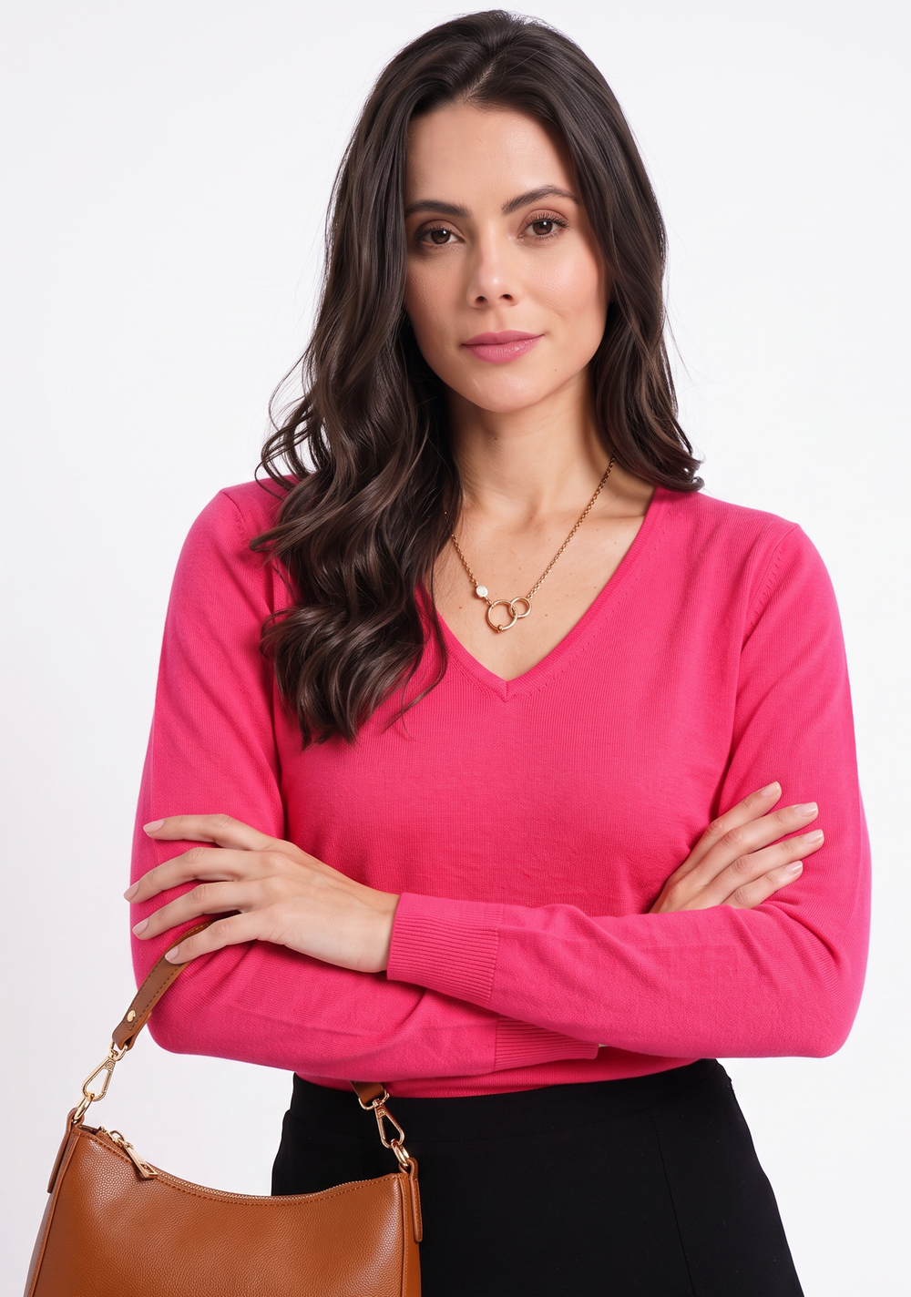 Pull col V classique 2 fils – Fuchsia – Assuili