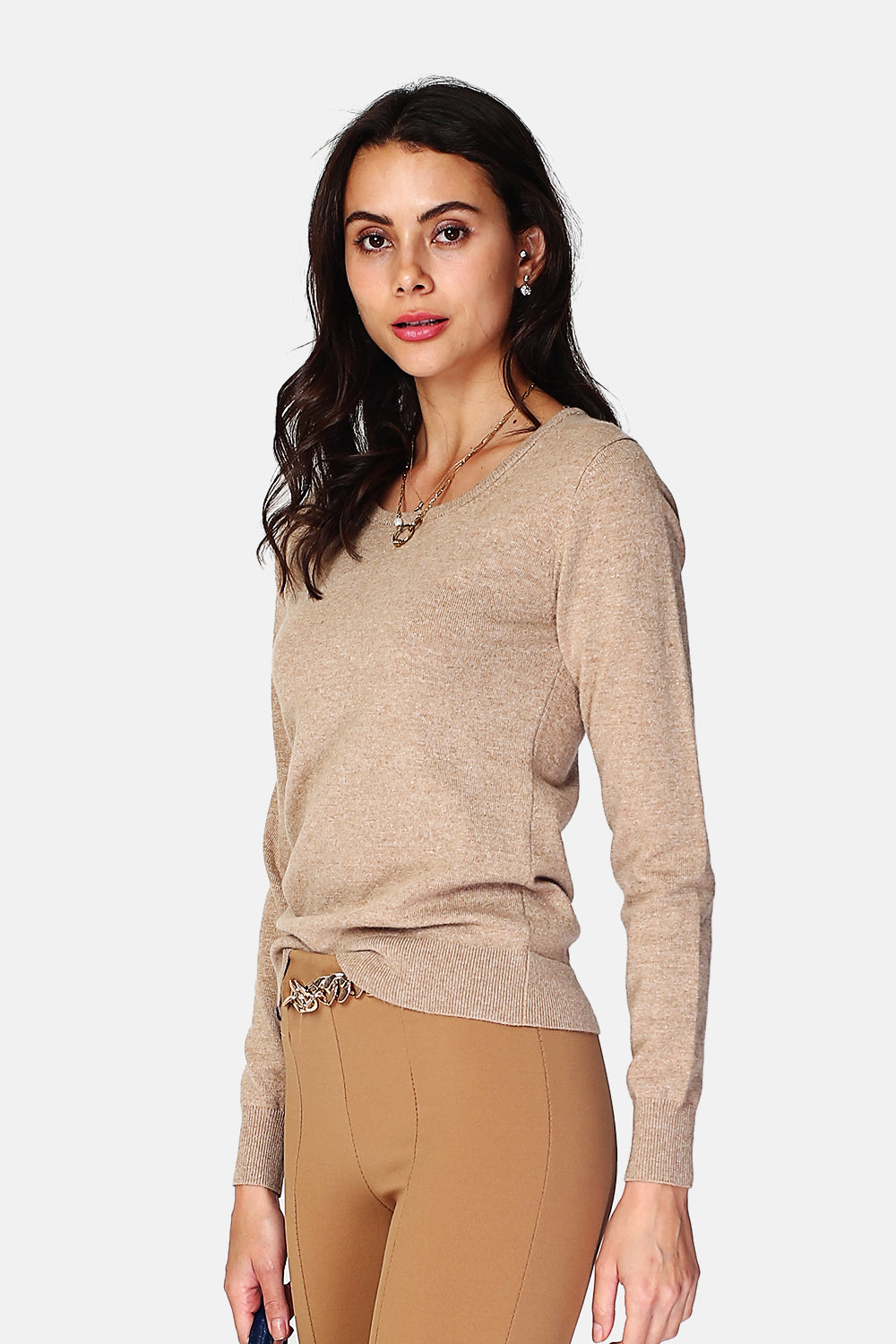Classic round neck sweater with long sleeves, 2-ply knit – Camel – Assuili