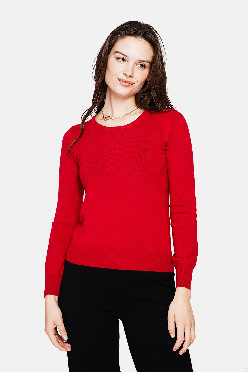 Classic round neck sweater with long sleeves, 2-ply knit – Hermes red – Assuili