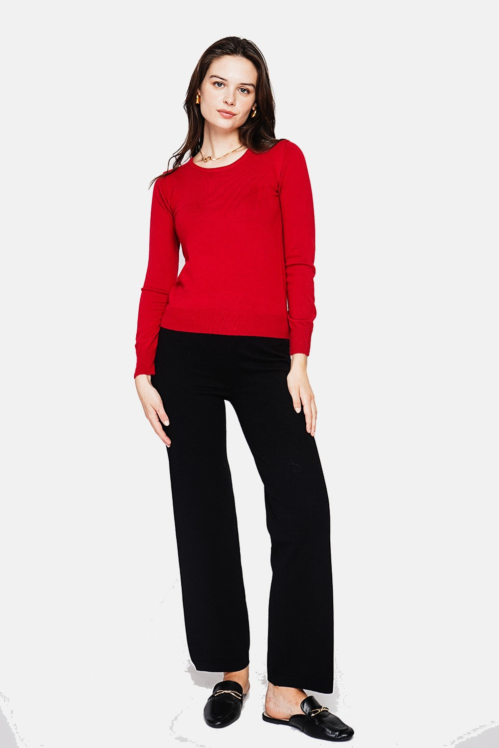 Classic round neck sweater with long sleeves, 2-ply knit – Hermes red – Assuili