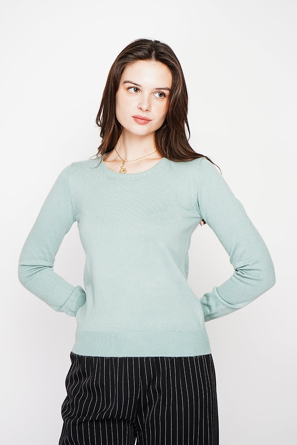 Classic round neck sweater with long sleeves, 2-ply knit – Jade green – Assuili