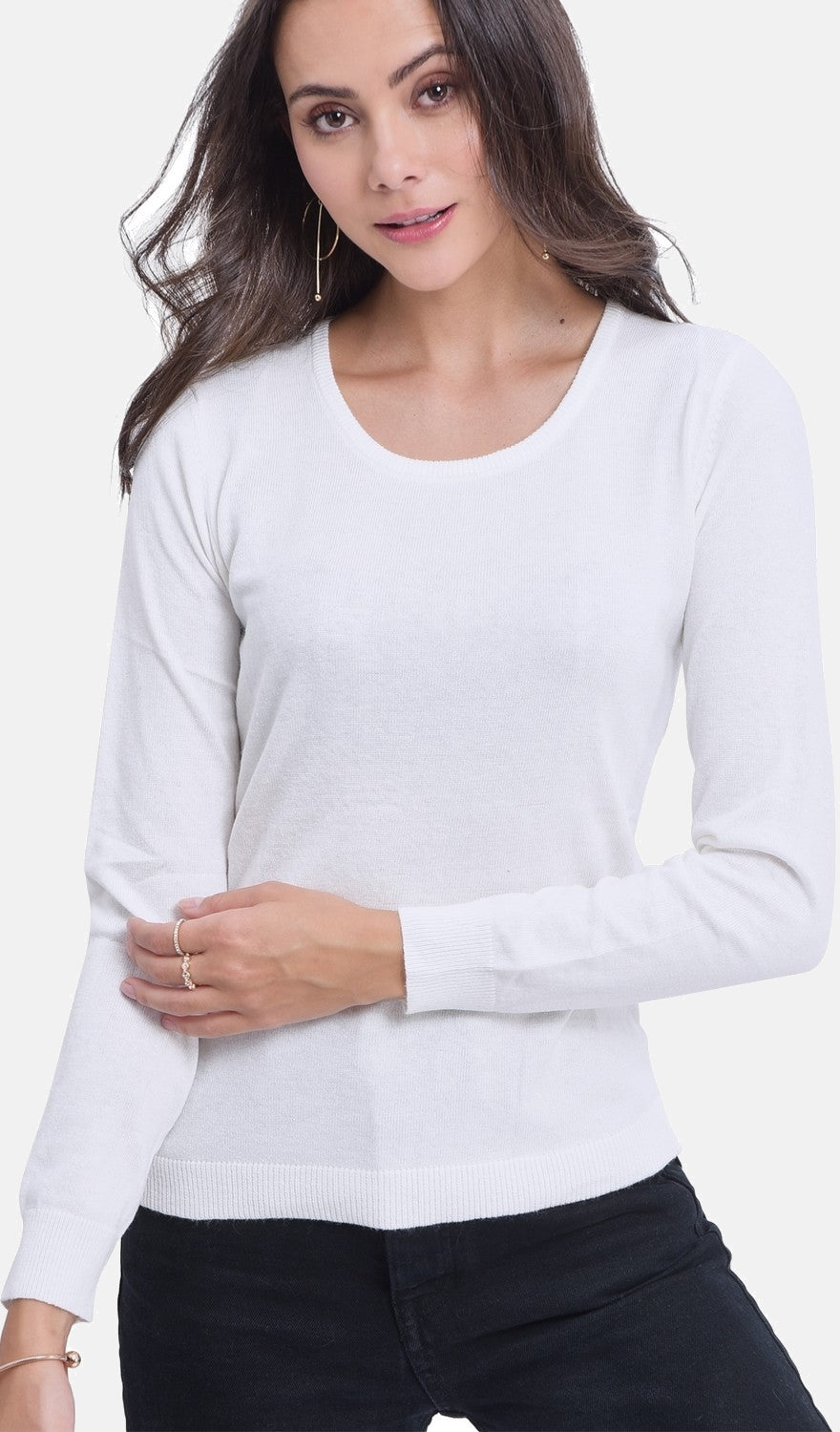 Classic round neck sweater with long sleeves, 2-ply knit – Off white – Assuili