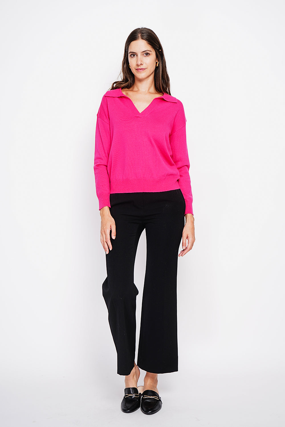 Pull col polo V oversize côtelé – Fuchsia – Assuili