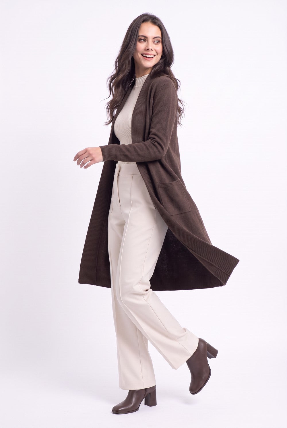 Gilet long col châle à poches – Café – Assuili