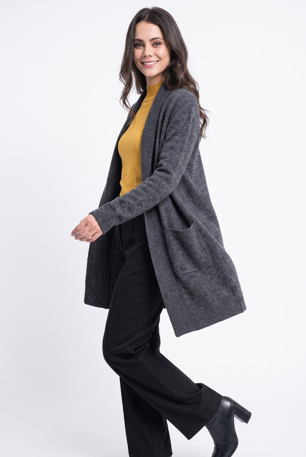 Gilet long col châle à poches – Gris foncé – Assuili
