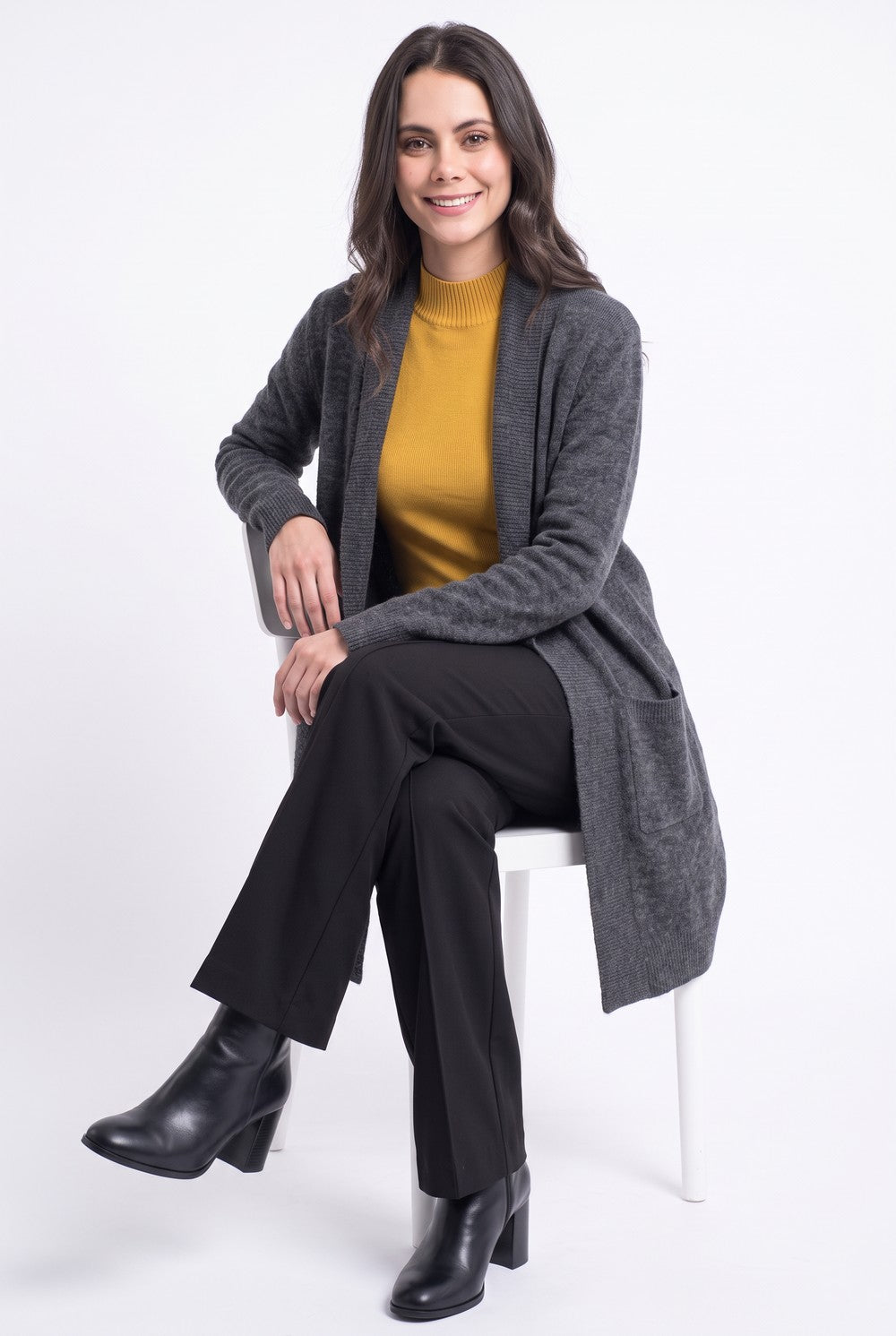 Gilet long col châle à poches – Gris foncé – Assuili