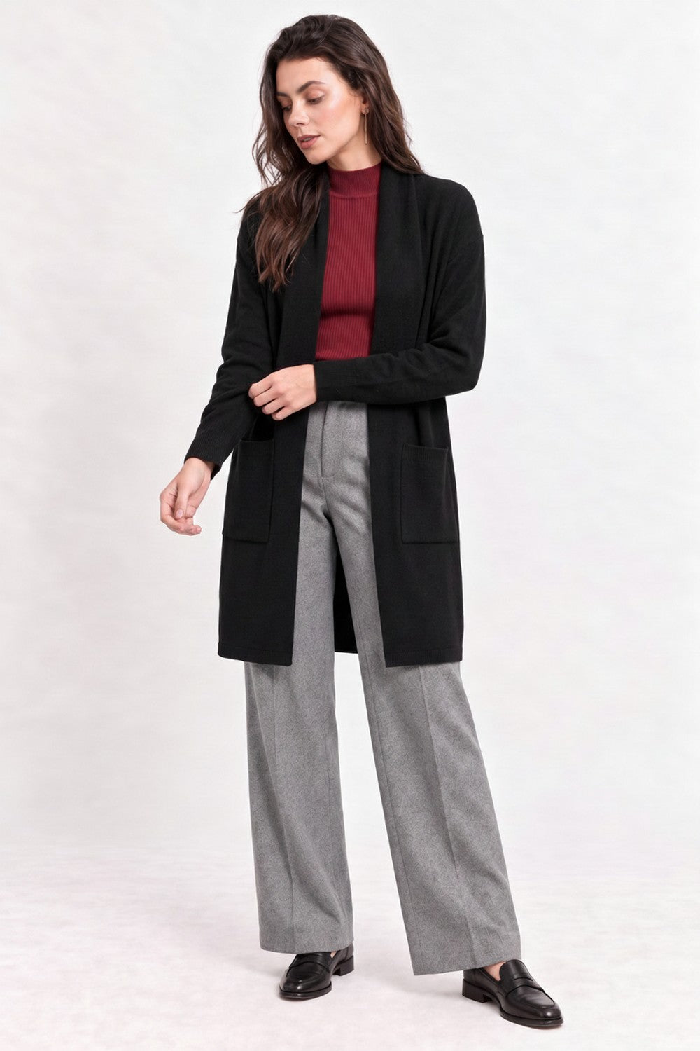 Gilet long col châle à poches – Noir – Assuili