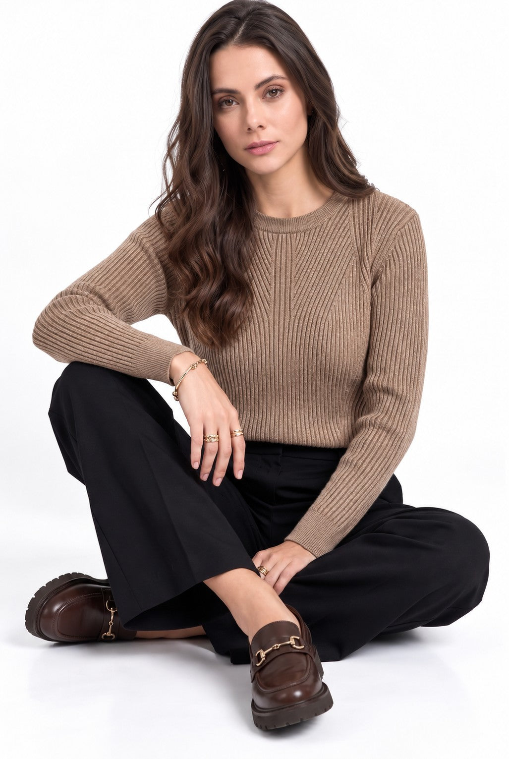 Pull col rond côtelé oversize 4 fils – Camel – Assuili