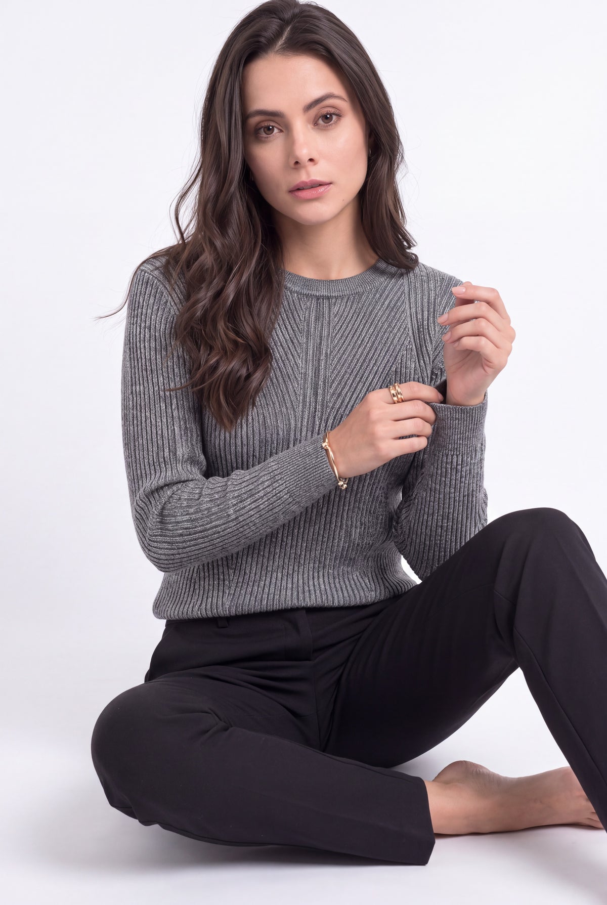 Pull col rond côtelé oversize 4 fils – Gris – Assuili