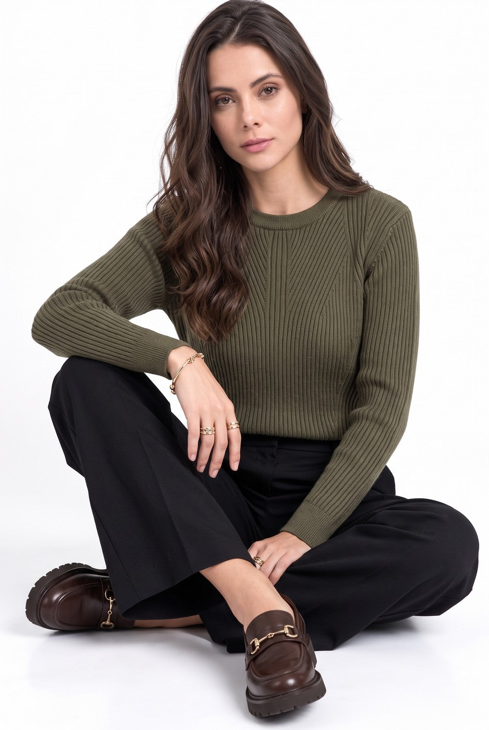 Pull col rond côtelé oversize 4 fils – Kaki – Assuili