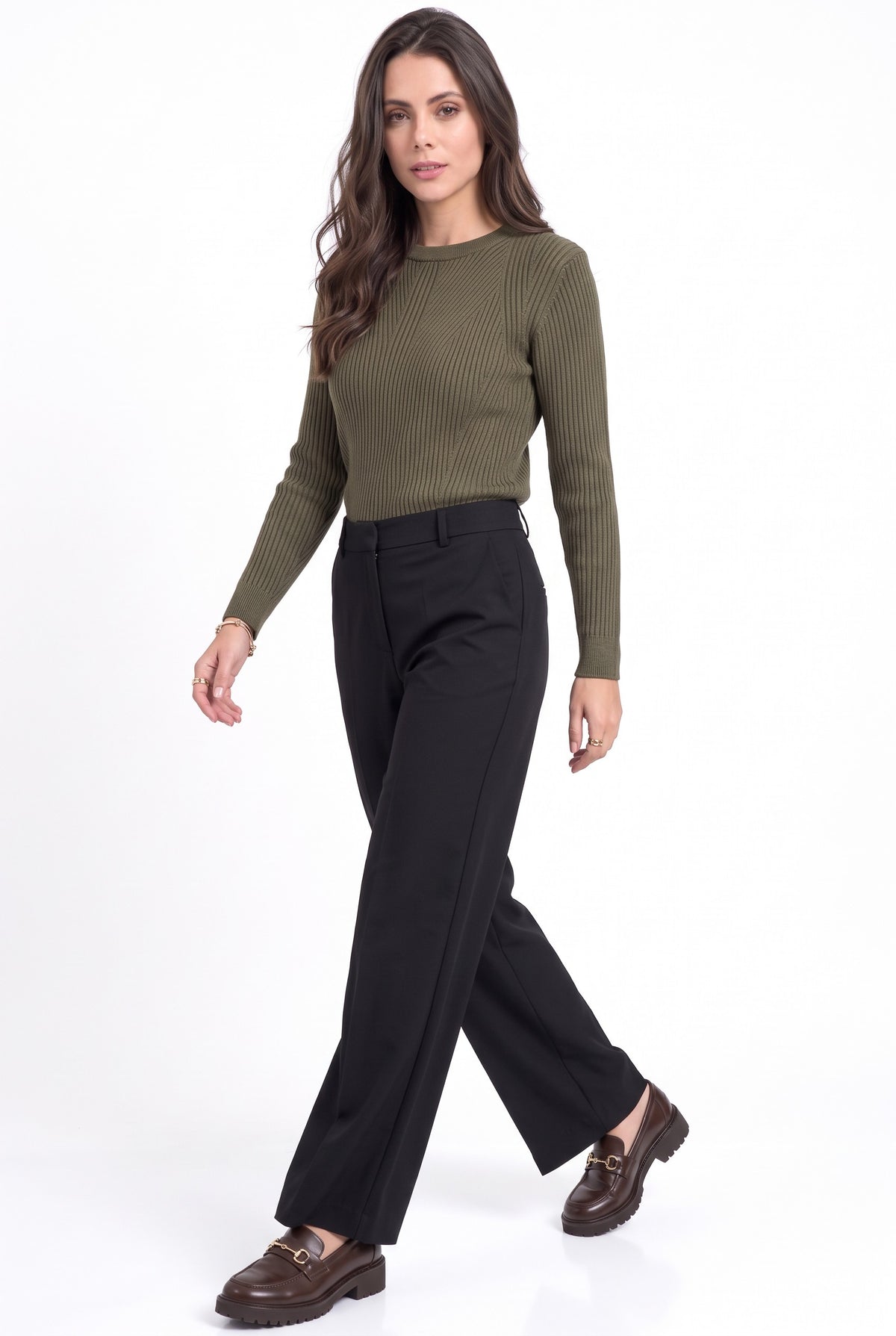 Pull col rond côtelé oversize 4 fils – Kaki – Assuili