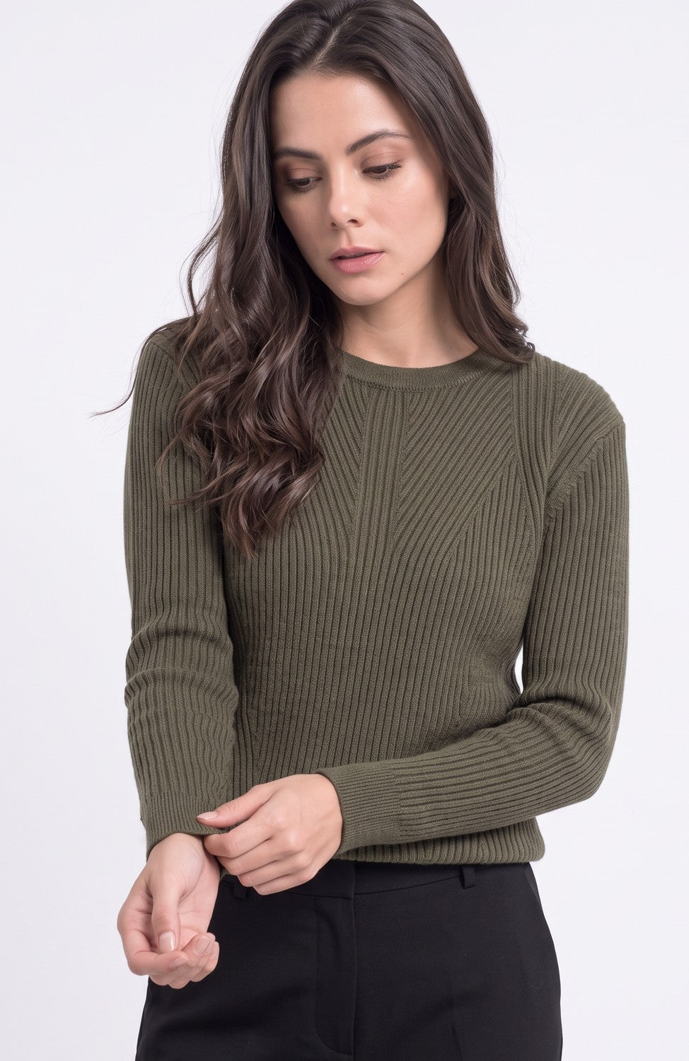Pull col rond côtelé oversize 4 fils – Kaki – Assuili