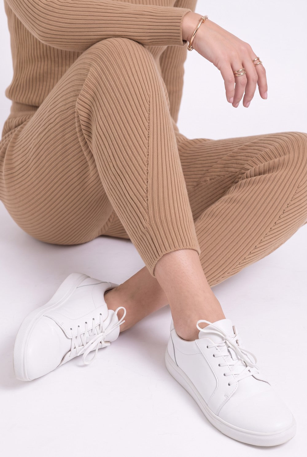 High-waisted trousers, fancy ribbed trim, 2-ply – Camel – Assuili