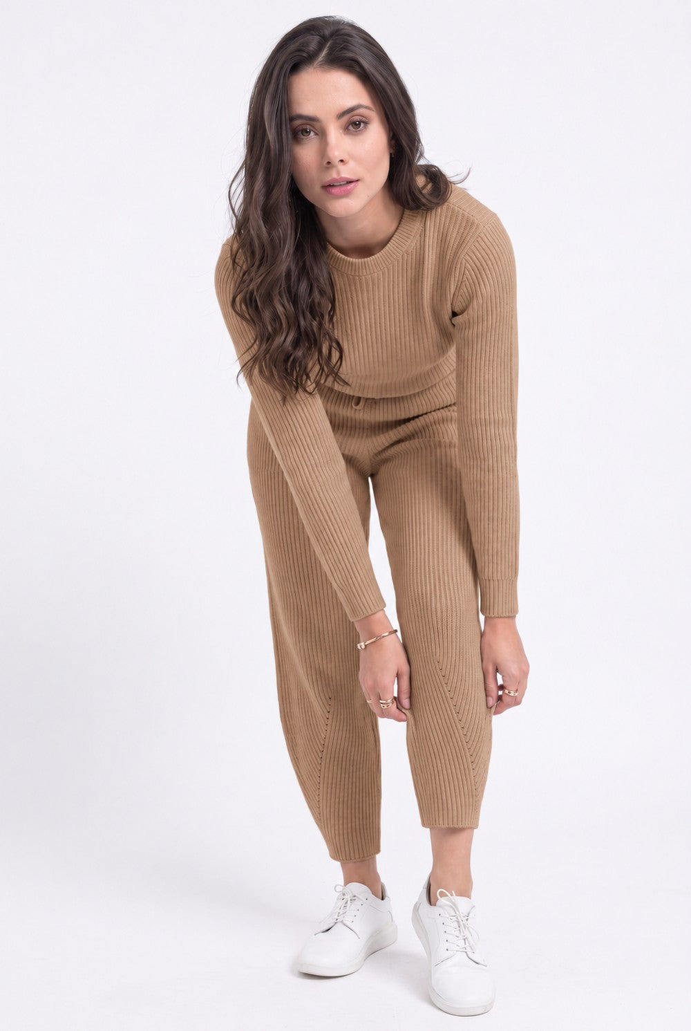 High-waisted trousers, fancy ribbed trim, 2-ply – Camel – Assuili
