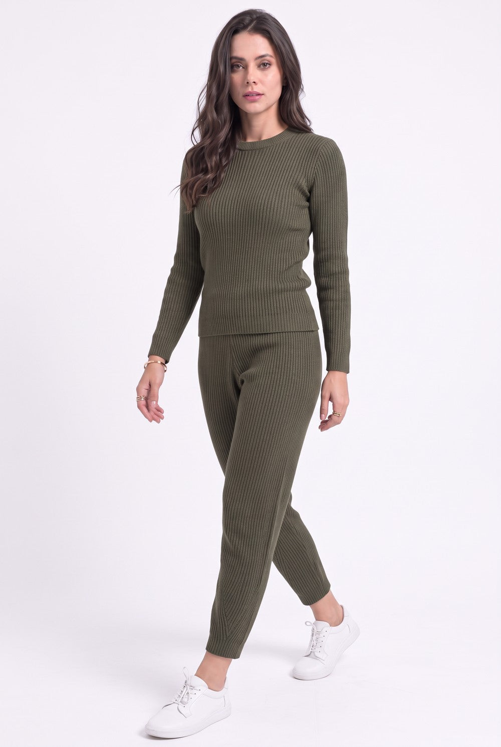 Pantalon taille haute côtelé – Kaki – Assuili