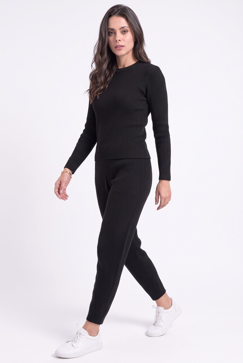 Pantalon taille haute côtelé – Noir – Assuili