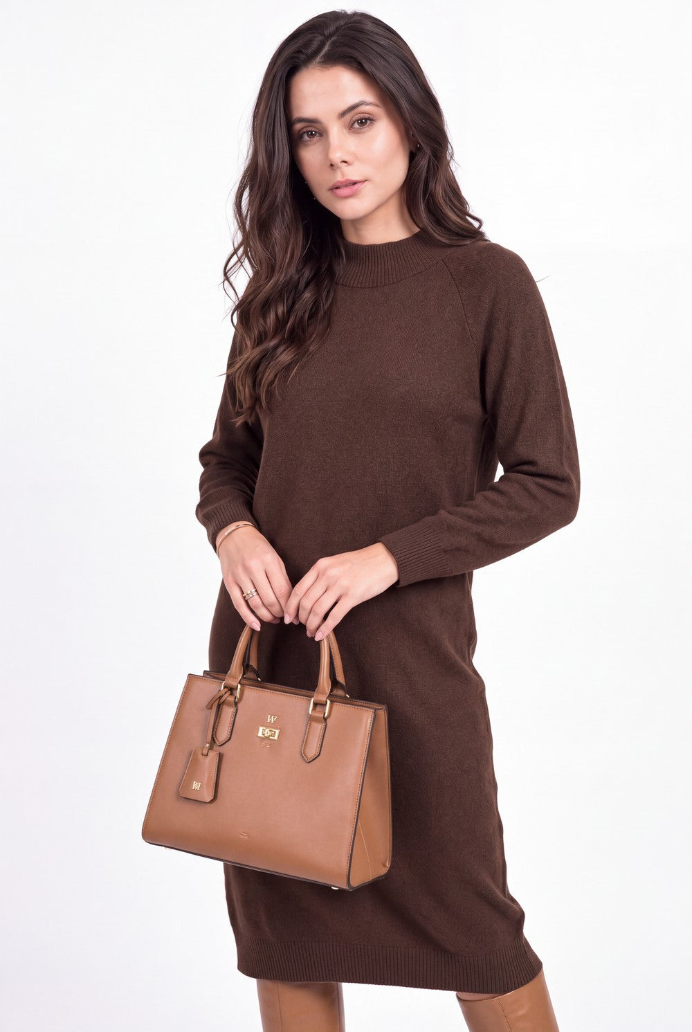 High-neck dress, buttoned back, oversized, long sleeves, 2-ply – Coffee – Assuili