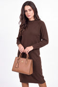 High-neck dress, buttoned back, oversized, long sleeves, 2-ply – Coffee – Assuili