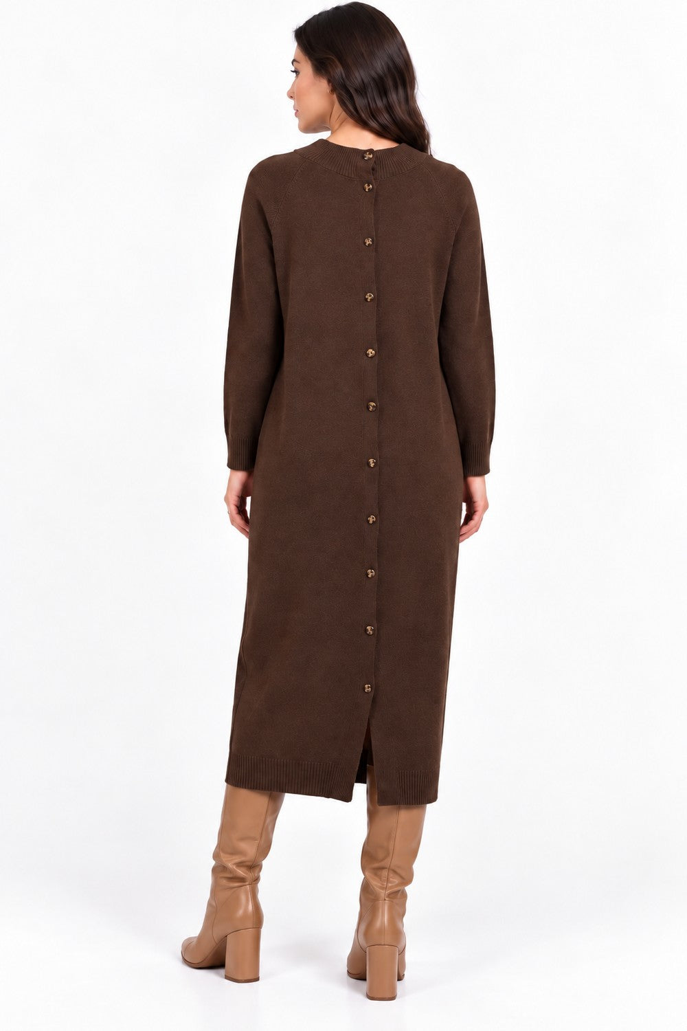 High-neck dress, buttoned back, oversized, long sleeves, 2-ply – Coffee – Assuili