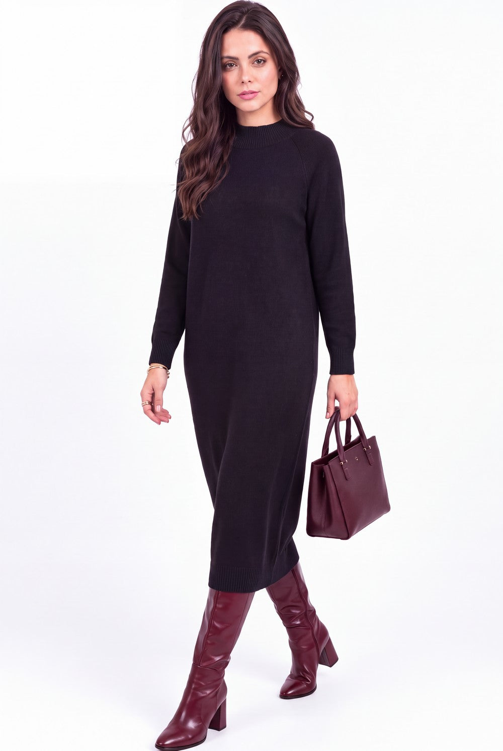 Robe col montant dos boutonné – Noir – Assuili