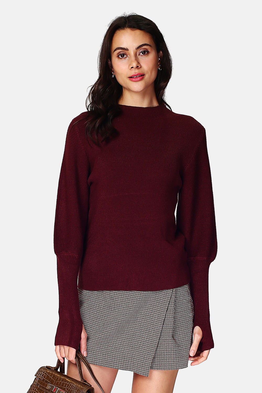 Pull col montant côtelé avec gants – Bordeaux – Assuili