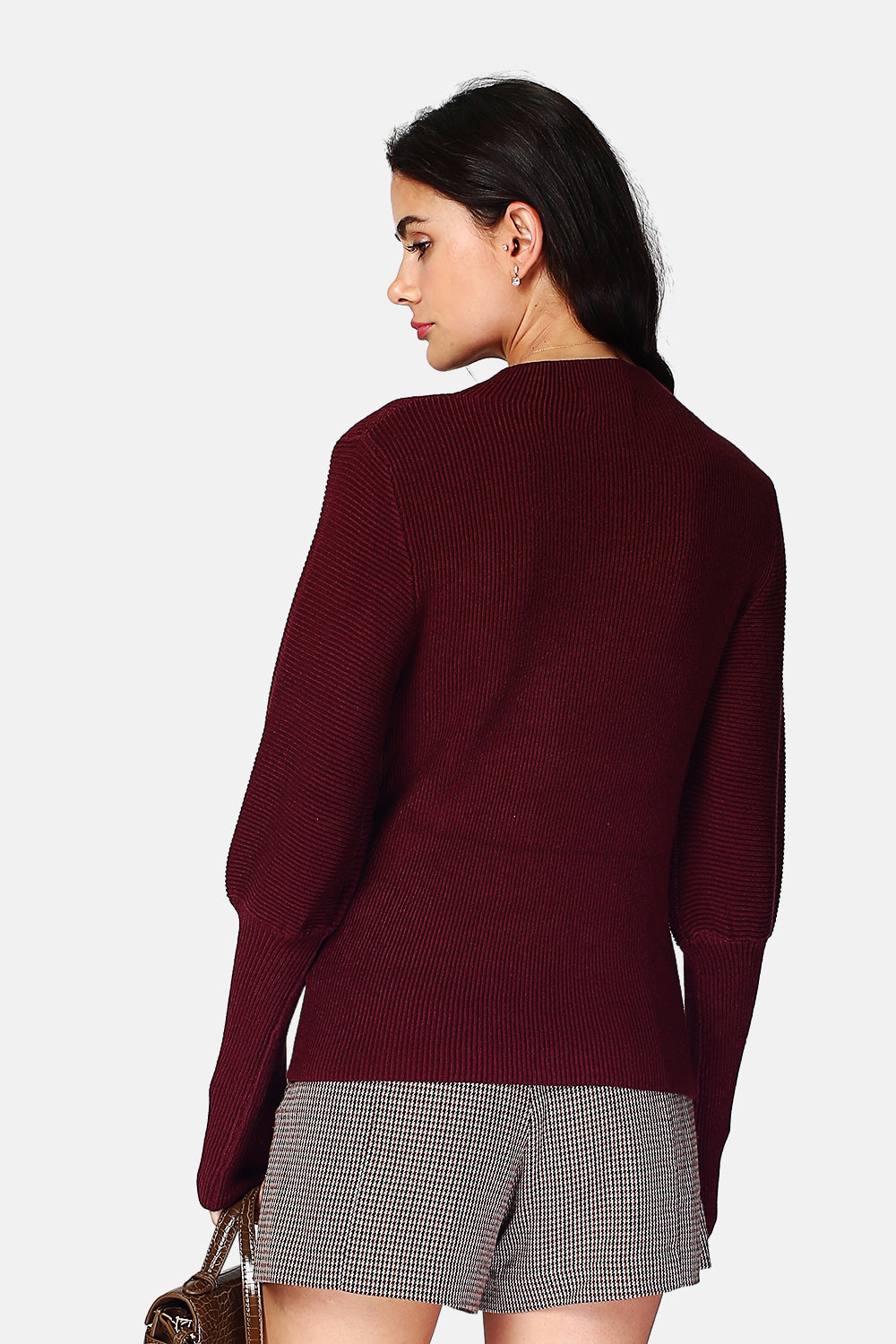 Pull col montant côtelé avec gants – Bordeaux – Assuili