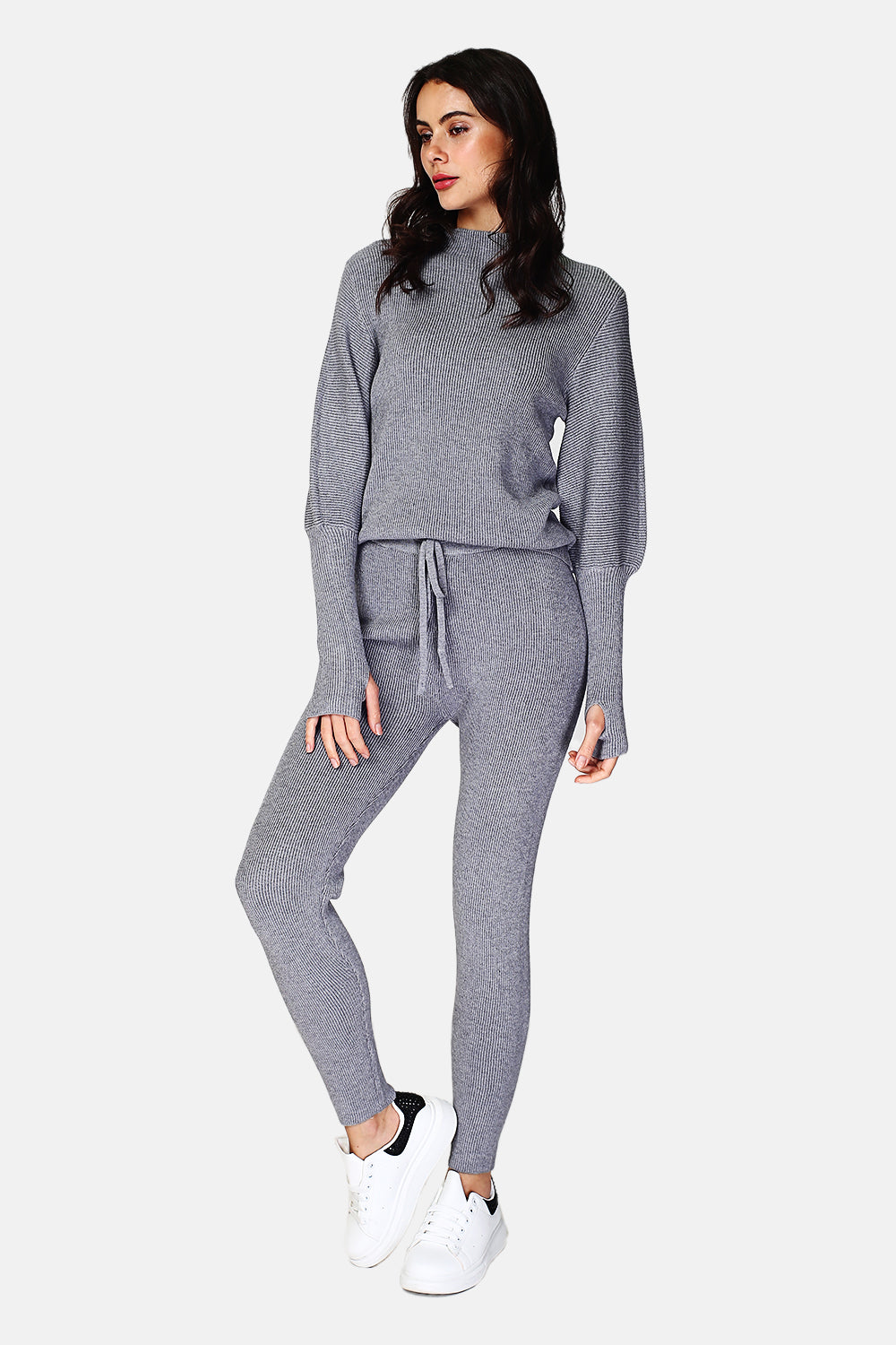 Pull col montant côtelé avec gants – Gris – Assuili