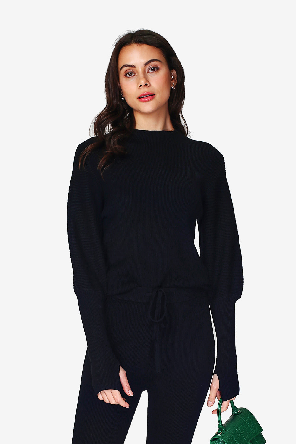 Pull col montant côtelé avec gants – Noir – Assuili
