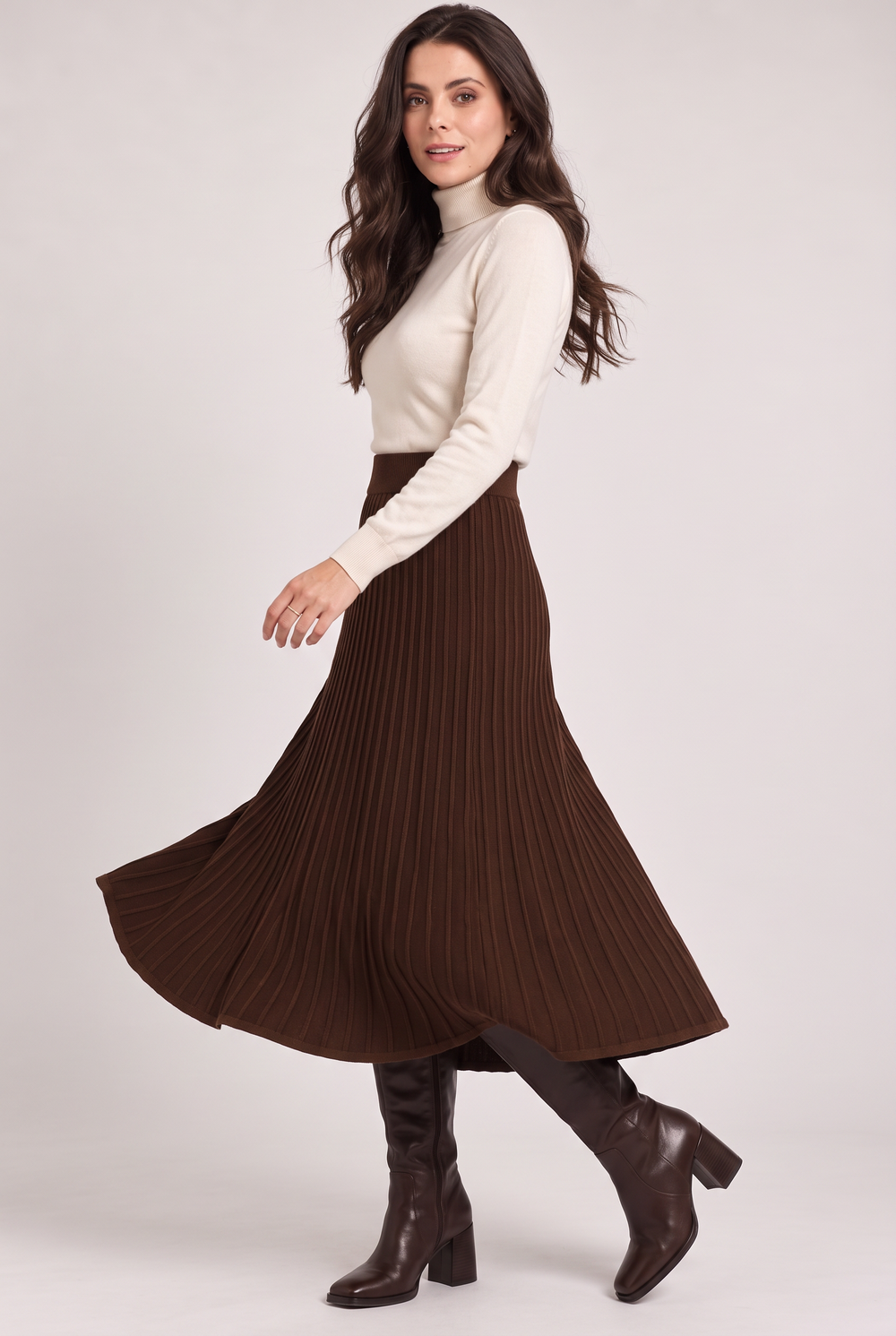 Long pleated knitted skirt, elasticated waist, 2-ply – Coffee – Assuili