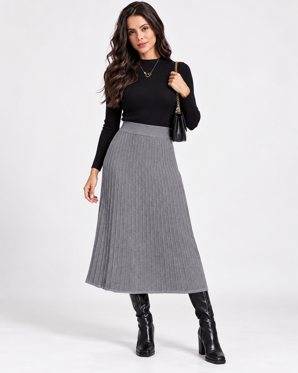 Long pleated knitted skirt, elasticated waist, 2-ply