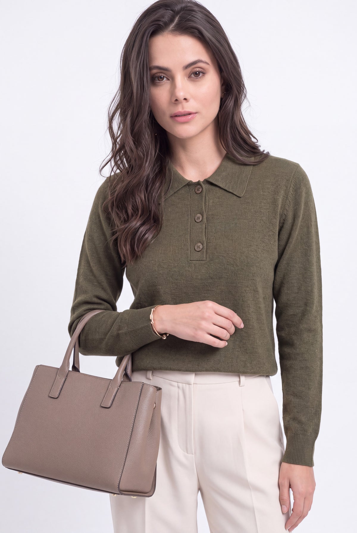 Pull col polo côtelé ajouré – Kaki – Assuili