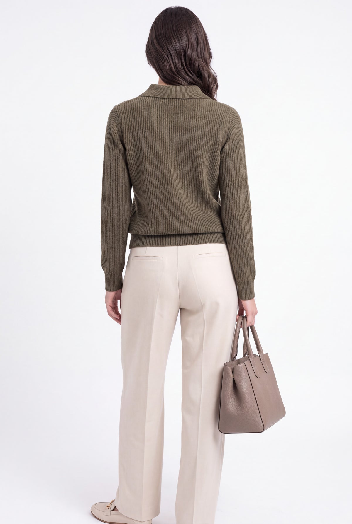 Pull col polo côtelé ajouré – Kaki – Assuili