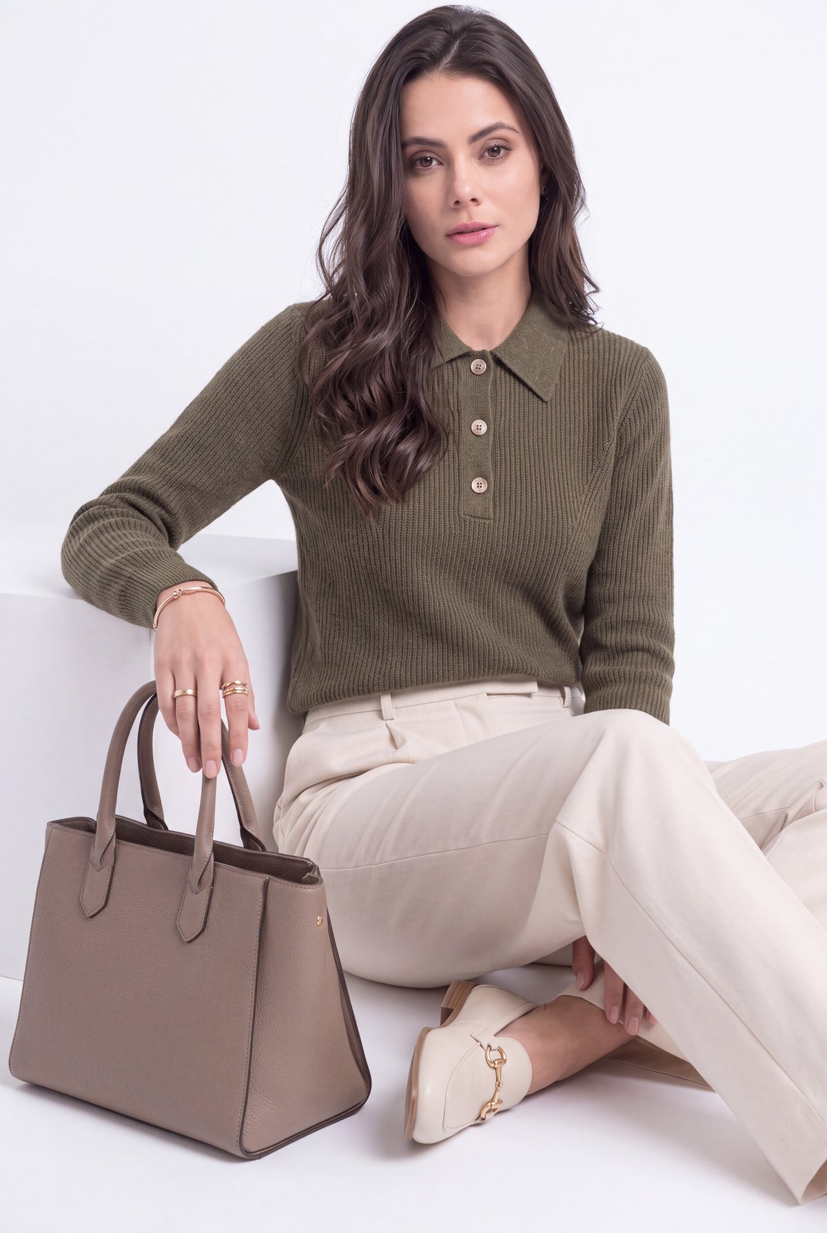 Pull col polo côtelé ajouré – Kaki – Assuili