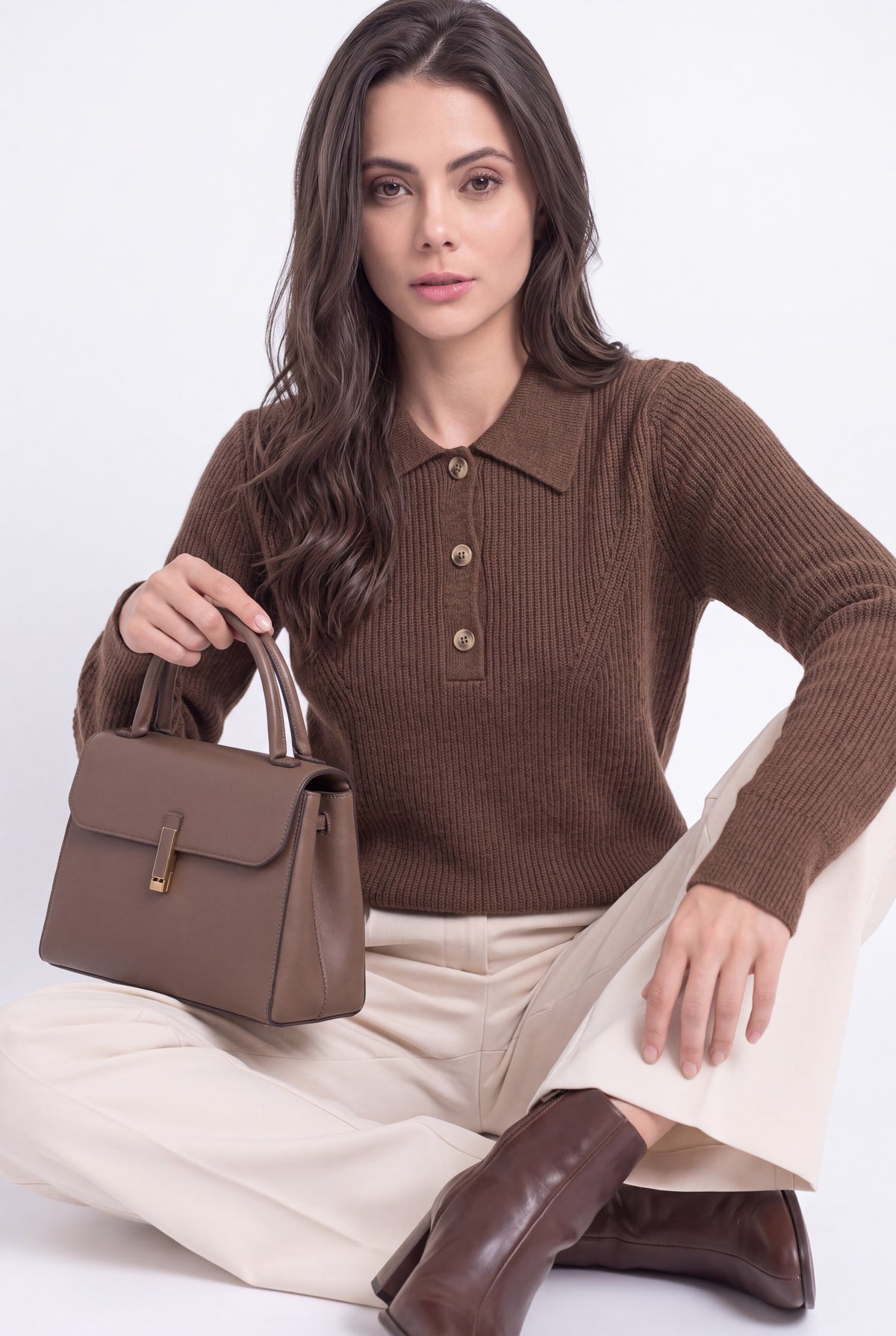 Pull col polo côtelé ajouré – Marron – Assuili