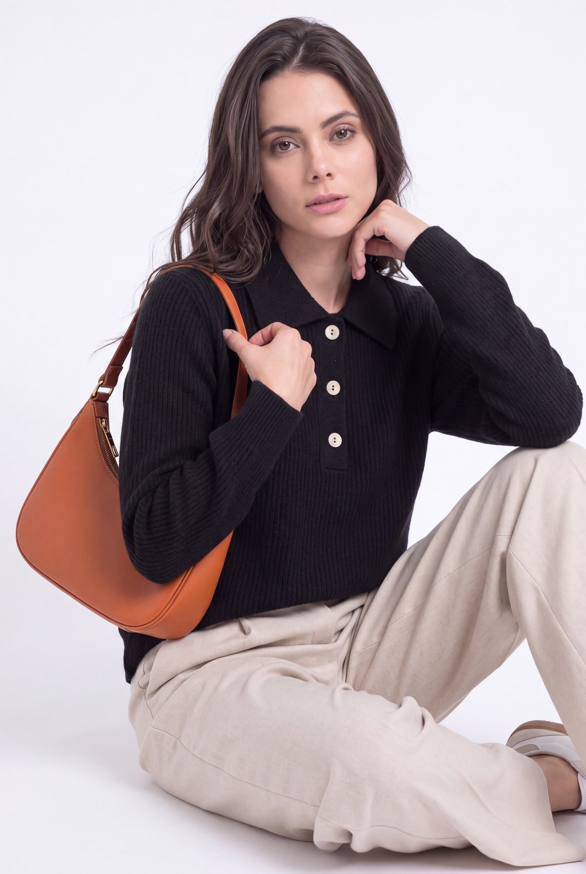 Pull col polo côtelé ajouré – Noir – Assuili