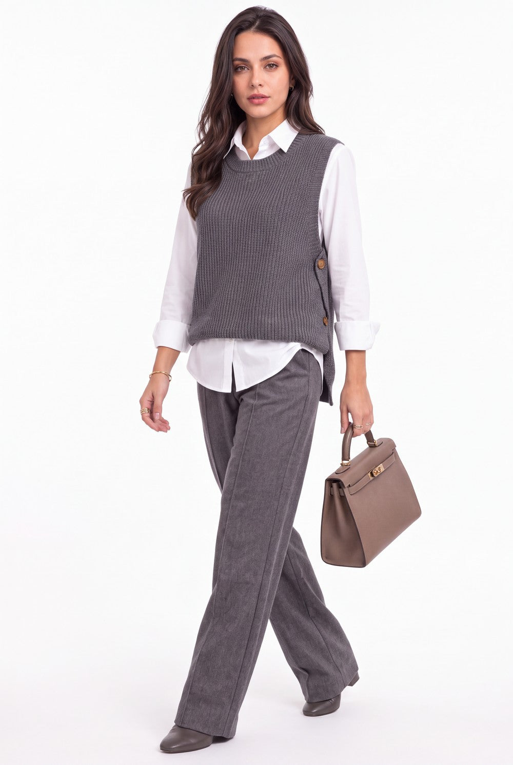 Pull sans manches boutonné sur les côtés – Gris foncé – Assuili