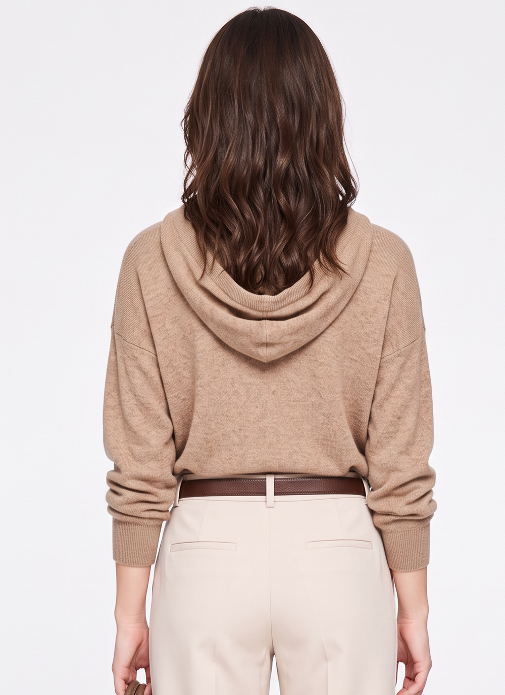 Oversized hooded sweater, long sleeves, 2-ply – Camel – Assuili