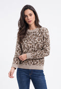 Oversized leopard print crew neck sweater, long sleeves, 2-ply – Camel – Assuili