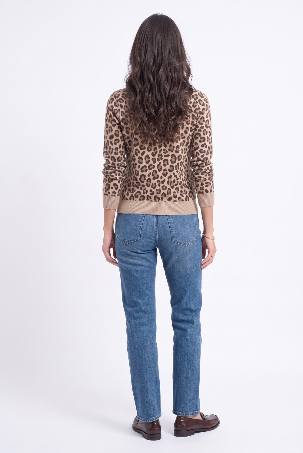 Oversized leopard print crew neck sweater, long sleeves, 2-ply – Camel – Assuili