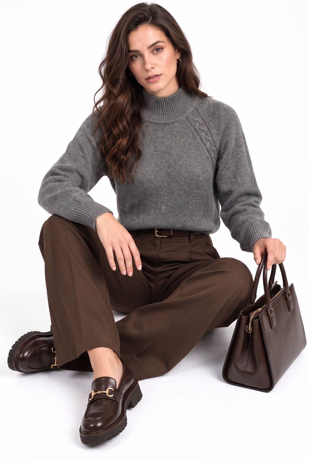 4-ply long-sleeved cable-knit high-neck sweater – Grey – Assuili