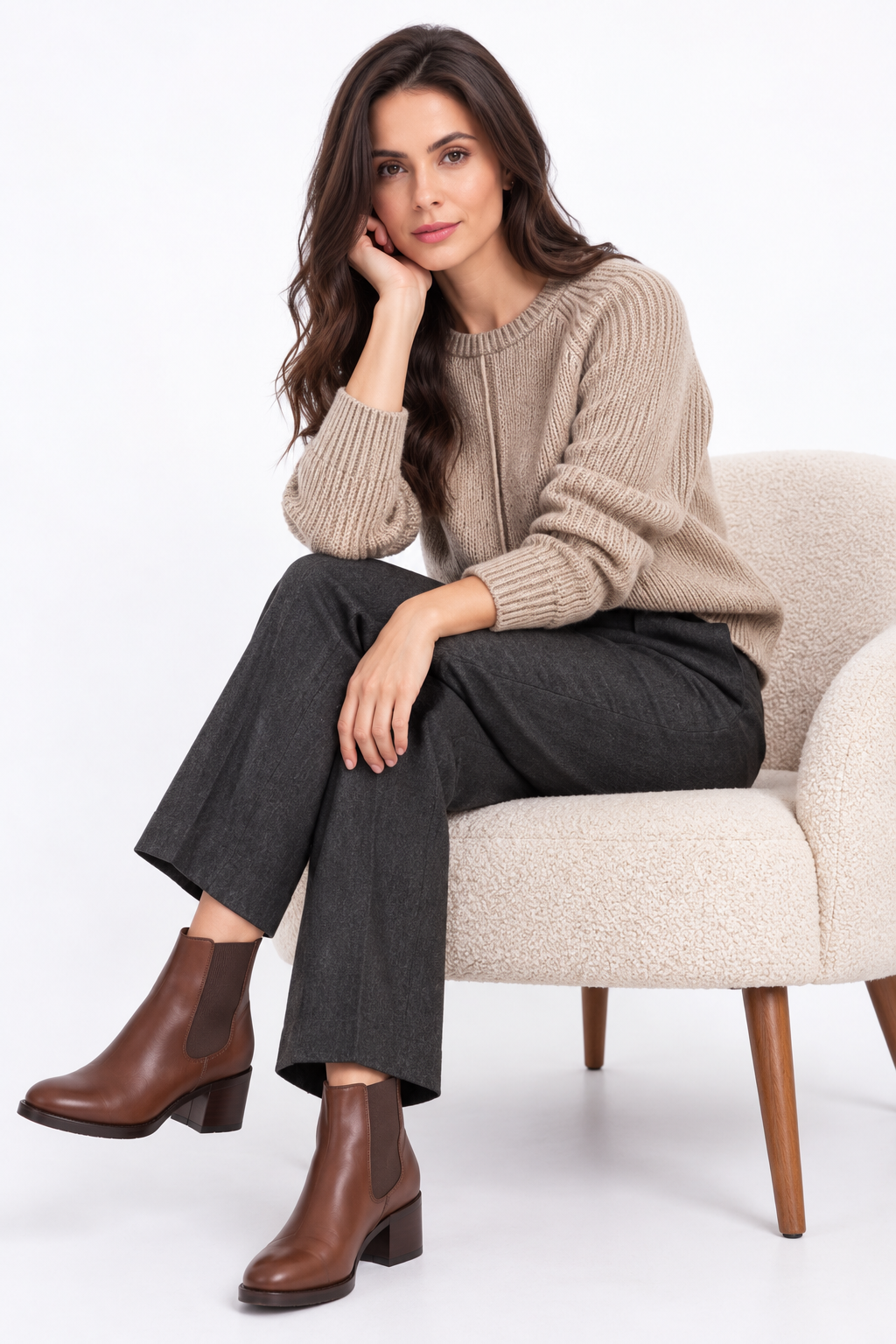 Crew neck sweater, long ribbed sleeves, 2-ply
