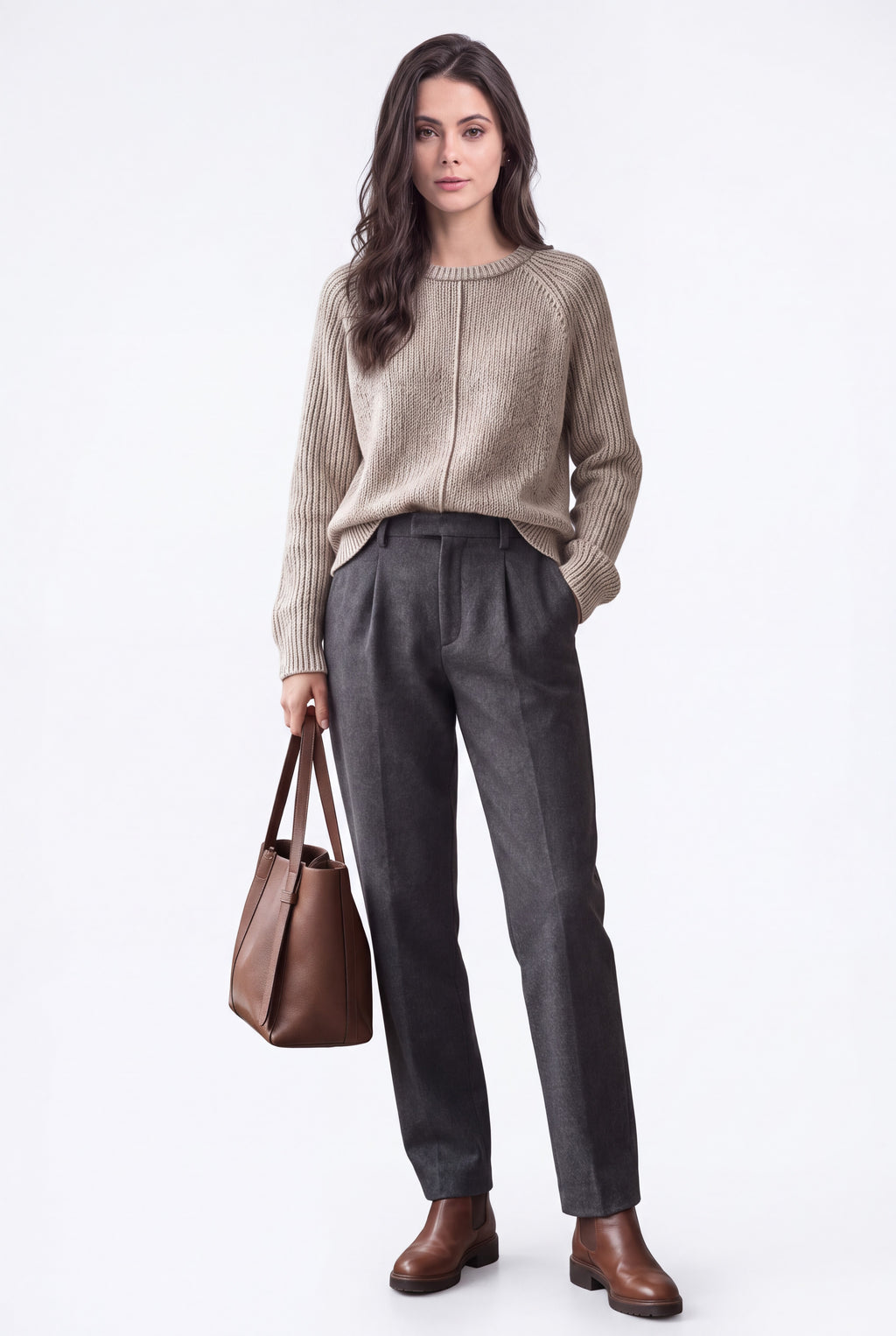 Crew neck sweater, long ribbed sleeves, 2-ply