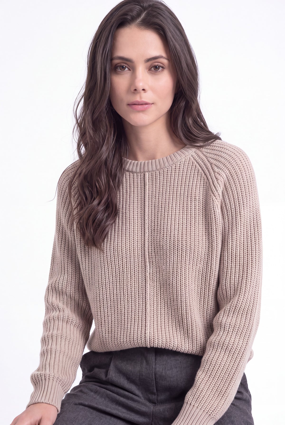 Pull col rond côtelé 2 fils – Désert – Assuili