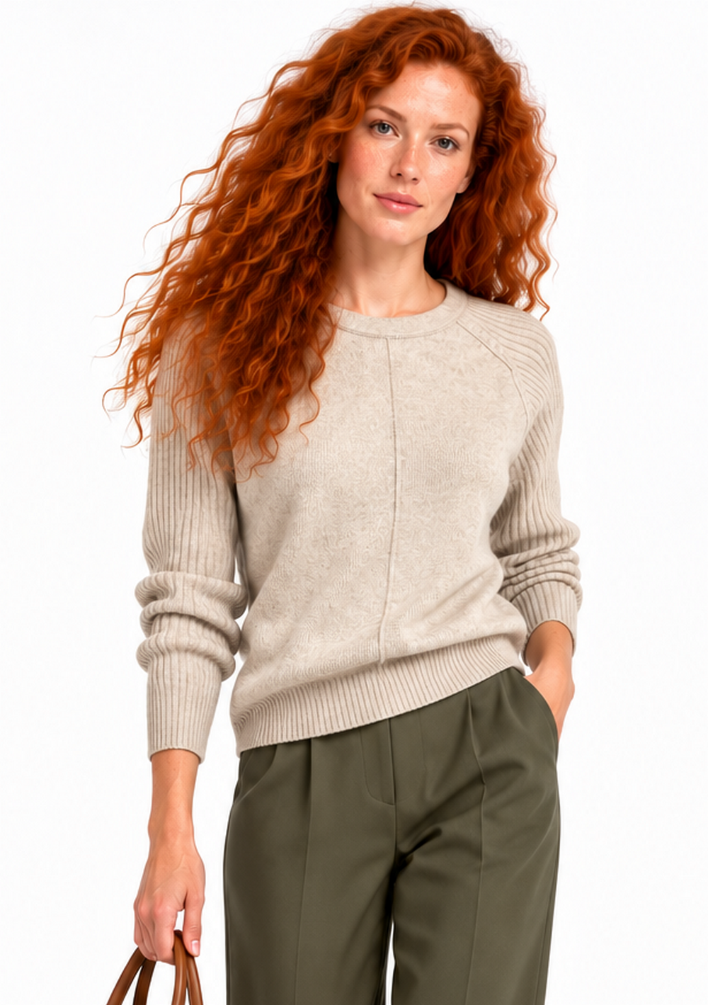Crew neck sweater, long ribbed sleeves, 2-ply