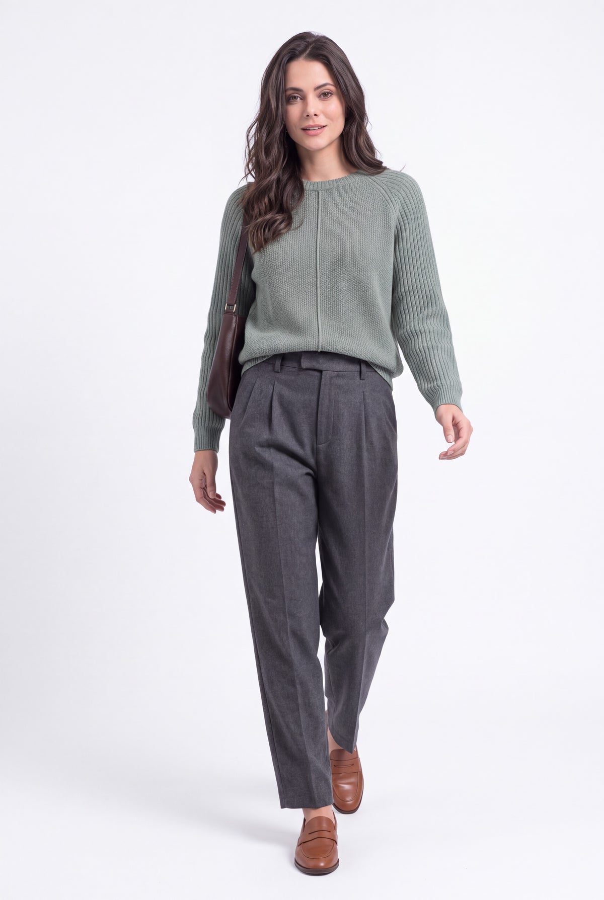 Crew neck sweater, long ribbed sleeves, 2-ply – Jade green – Assuili