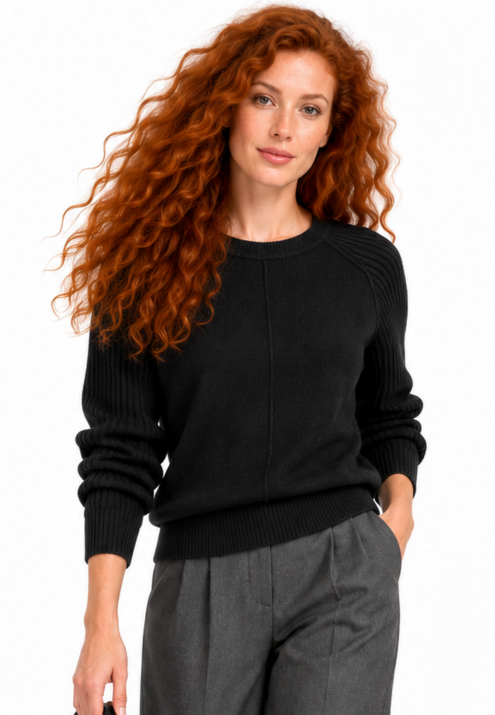 Crew neck sweater, long ribbed sleeves, 2-ply