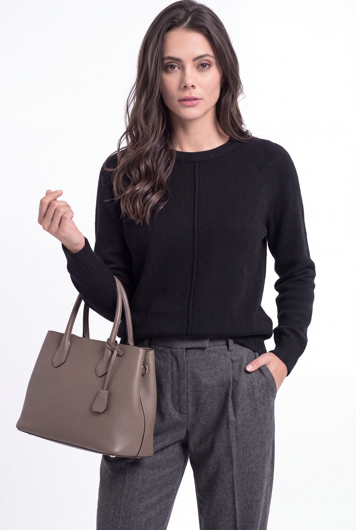 Crew neck sweater, long ribbed sleeves, 2-ply
